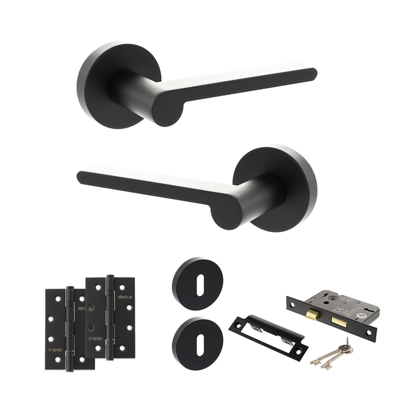 Senza Pari Darrio Door Handle Pack (3 Lever Lock Set - 2.5" CE Sashlock, 4" Slim Knuckle Hinges x2) - Matt Black - ADPSPRO218MB18