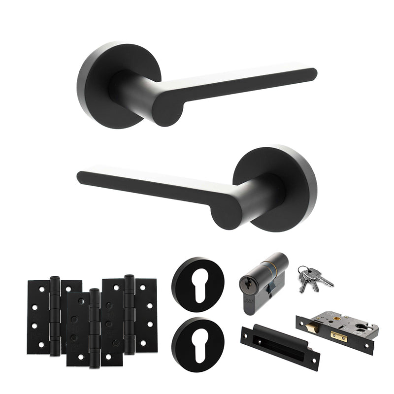 Senza Pari Darrio Door Handle Pack (Euro Lock Set - 3" CE Sashlock, 4" Fire Rated Hinges x3) - Matt Black - ADPSPRO218MB23