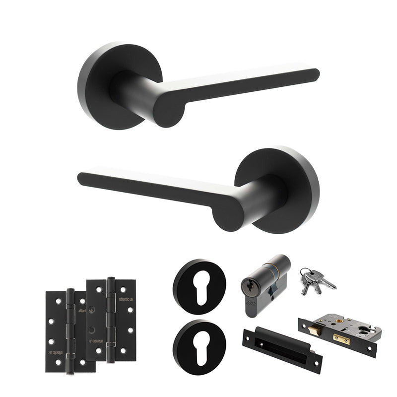 Senza Pari Darrio Door Handle Pack (Euro Lock Set - 2.5" CE Sashlock, 4" Slim Knuckle Hinges x2) - Matt Black - ADPSPRO218MB24 - Choice Handles