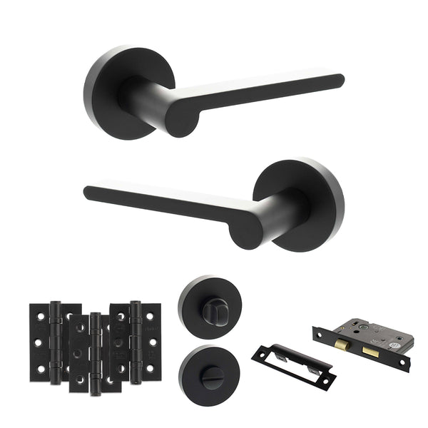 Senza Pari Darrio Door Handle Pack (Bathroom Set - 2.5" CE Bathroom Lock, 3" Fire Rated Hinges x3) - Matt Black - ADPSPRO218MB8