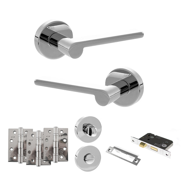 Senza Pari Darrio Door Handle Pack (Bathroom Set - 2.5" CE Bathroom Lock, 4" Fire Rated Hinges x3) - Polished Chrome - ADPSPRO218PC10