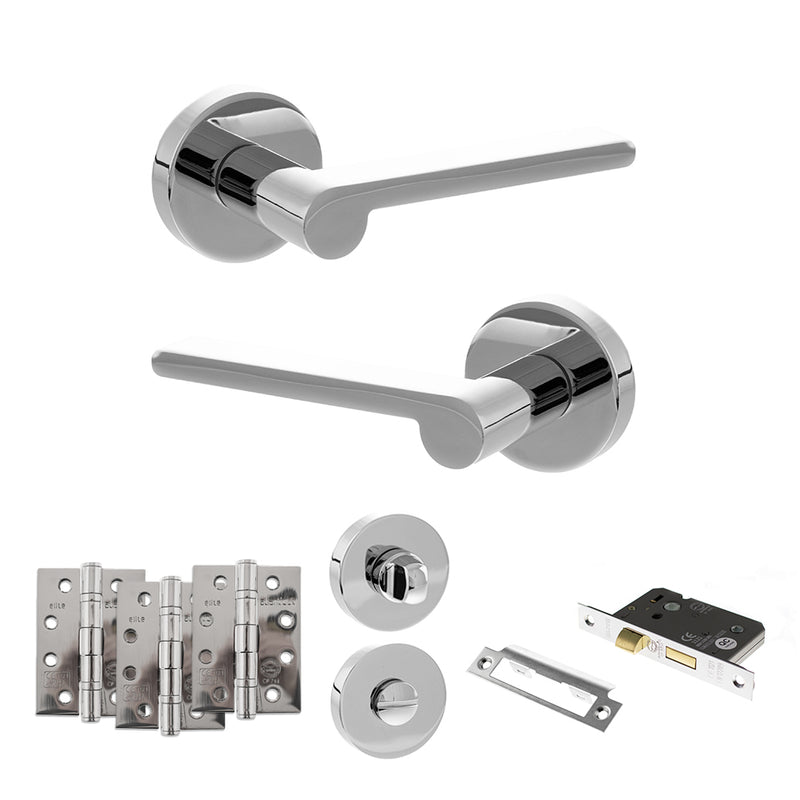 Senza Pari Darrio Door Handle Pack (Bathroom Set - 2.5" CE Bathroom Lock, 4" Fire Rated Hinges x3) - Polished Chrome - ADPSPRO218PC10