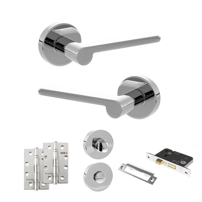 Senza Pari Darrio Door Handle Pack (Bathroom Set - 3" CE Bathroom Lock, 4" Slim Knuckle Hinges x2) - Polished Chrome - ADPSPRO218PC13