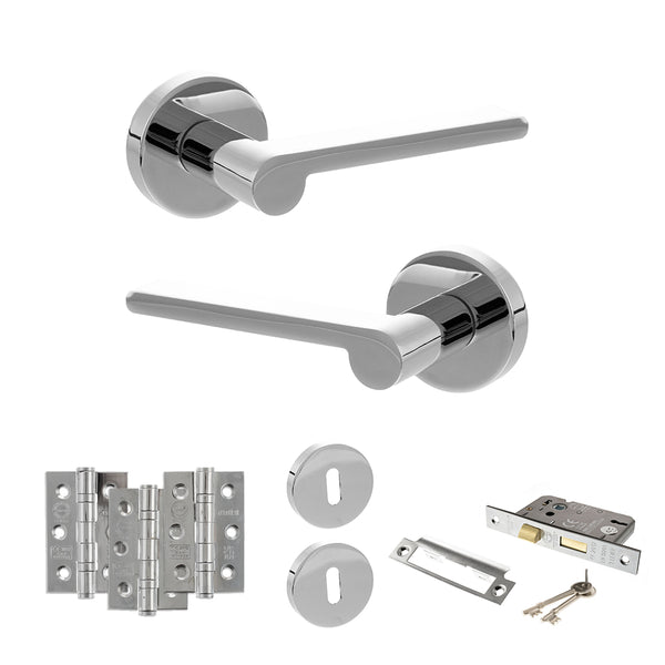 Senza Pari Darrio Door Handle Pack (3 Lever Lock Set - 2.5" CE Sashlock, 3" Fire Rated Hinges x3) - Polished Chrome - ADPSPRO218PC14