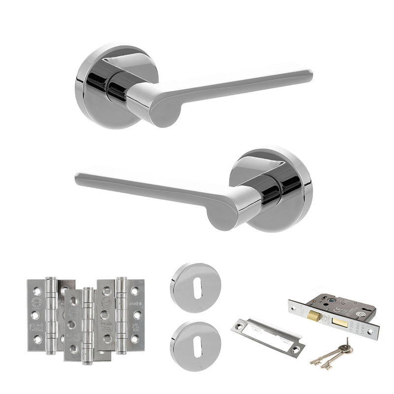 Senza Pari Darrio Door Handle Pack (3 Lever Lock Set - 2.5" CE Sashlock, 3" Fire Rated Hinges x3) - Polished Chrome - ADPSPRO218PC14
