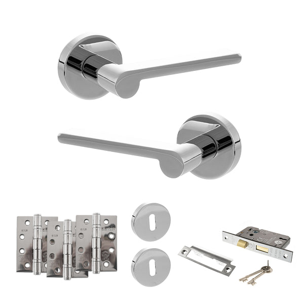 Senza Pari Darrio Door Handle Pack (3 Lever Lock Set - 2.5" CE Sashlock, 4" Fire Rated Hinges x3) - Polished Chrome - ADPSPRO218PC16