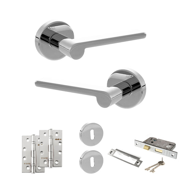 Senza Pari Darrio Door Handle Pack (3 Lever Lock Set - 3" CE Sashlock, 4" Slim Knuckle Hinges x2) - Polished Chrome - ADPSPRO218PC19