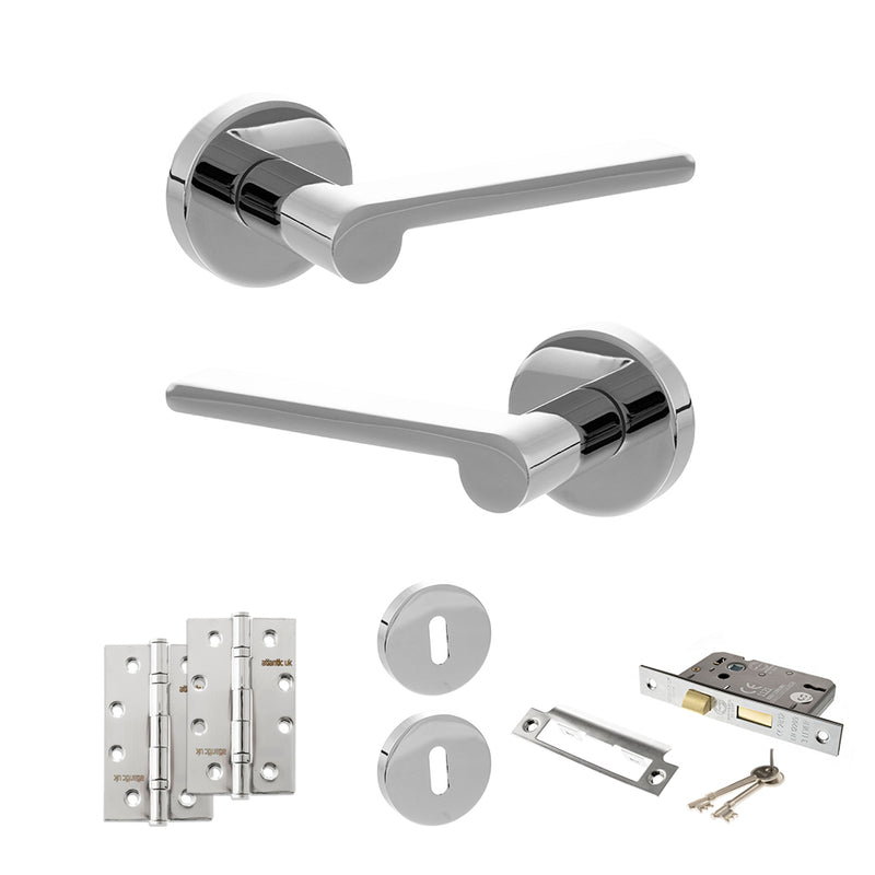 Senza Pari Darrio Door Handle Pack (3 Lever Lock Set - 3" CE Sashlock, 4" Slim Knuckle Hinges x2) - Polished Chrome - ADPSPRO218PC19