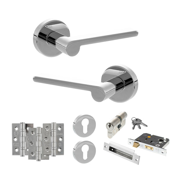 Senza Pari Darrio Door Handle Pack (Euro Lock Set - 2.5" CE Sashlock, 3" Fire Rated Hinges x3) - Polished Chrome - ADPSPRO218PC20