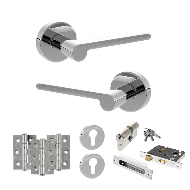 Senza Pari Darrio Door Handle Pack (Euro Lock Set - 3" CE Sashlock, 3" Fire Rated Hinges x3) - Polished Chrome - ADPSPRO218PC21