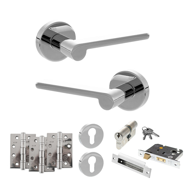 Senza Pari Darrio Door Handle Pack (Euro Lock Set - 3" CE Sashlock, 4" Fire Rated Hinges x3) - Polished Chrome - ADPSPRO218PC23