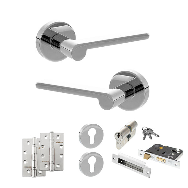 Senza Pari Darrio Door Handle Pack (Euro Lock Set - 2.5" CE Sashlock, 4" Slim Knuckle Hinges x2) - Polished Chrome - ADPSPRO218PC24