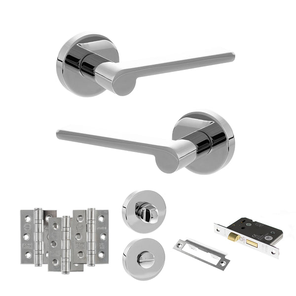 Senza Pari Darrio Door Handle Pack (Bathroom Set - 2.5" CE Bathroom Lock, 3" Fire Rated Hinges x3) - Polished Chrome - ADPSPRO218PC8