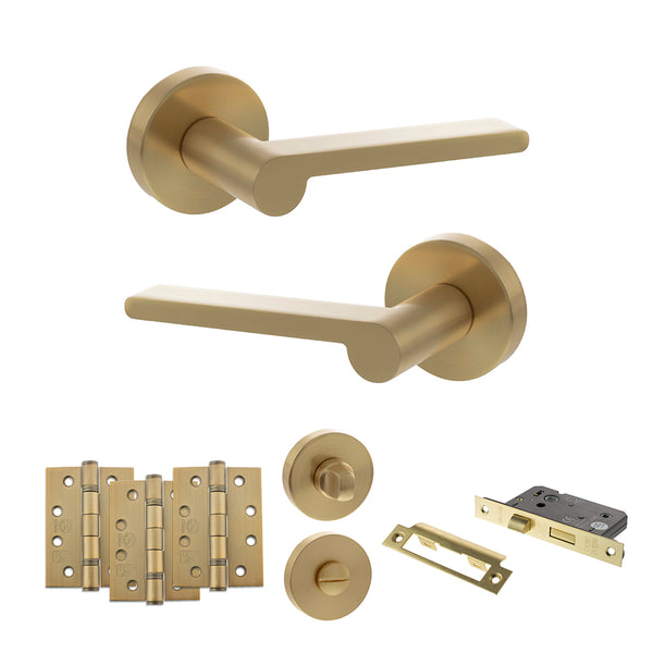 Senza Pari Darrio Door Handle Pack (Bathroom Set - 3" CE Bathroom Lock, 4" Fire Rated Hinges x3) - Satin Brass - ADPSPRO218SB11