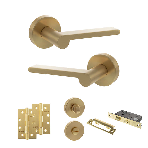Senza Pari Darrio Door Handle Pack (Bathroom Set - 2.5" CE Bathroom Lock, 4" Slim Knuckle Hinges x2) - Satin Brass - ADPSPRO218SB12