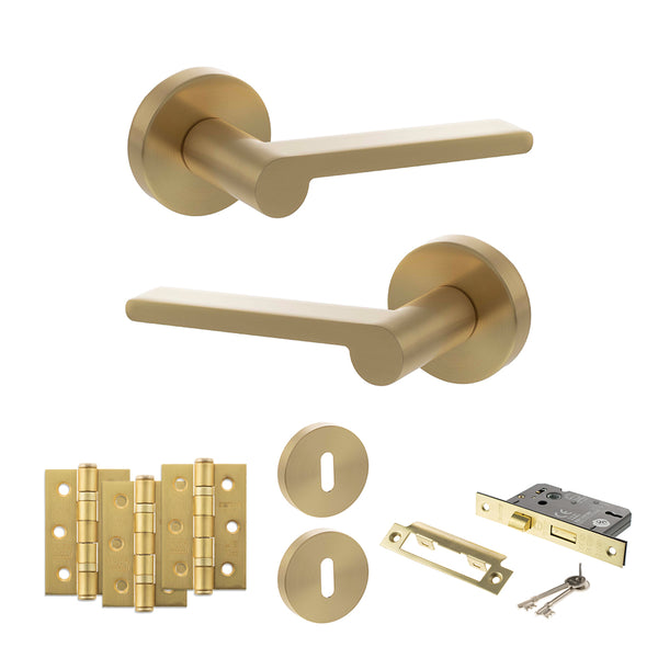 Senza Pari Darrio Door Handle Pack (3 Lever Lock Set - 2.5" CE Sashlock, 3" Fire Rated Hinges x3) - Satin Brass - ADPSPRO218SB14