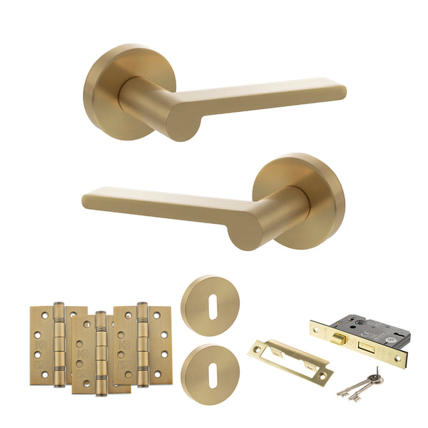 Senza Pari Darrio Door Handle Pack (3 Lever Lock Set - 2.5" CE Sashlock, 4" Fire Rated Hinges x3) - Satin Brass - ADPSPRO218SB16