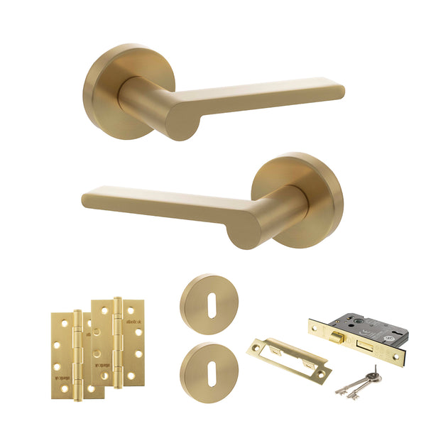 Senza Pari Darrio Door Handle Pack (3 Lever Lock Set - 3" CE Sashlock, 4" Slim Knuckle Hinges x2) - Satin Brass - ADPSPRO218SB19