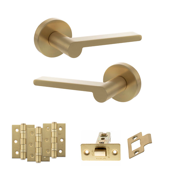 Senza Pari Darrio Door Handle Pack (Latch Set - 2.5" CE Latch, 3" Fire Rated Hinges x3) - Satin Brass - ADPSPRO218SB1