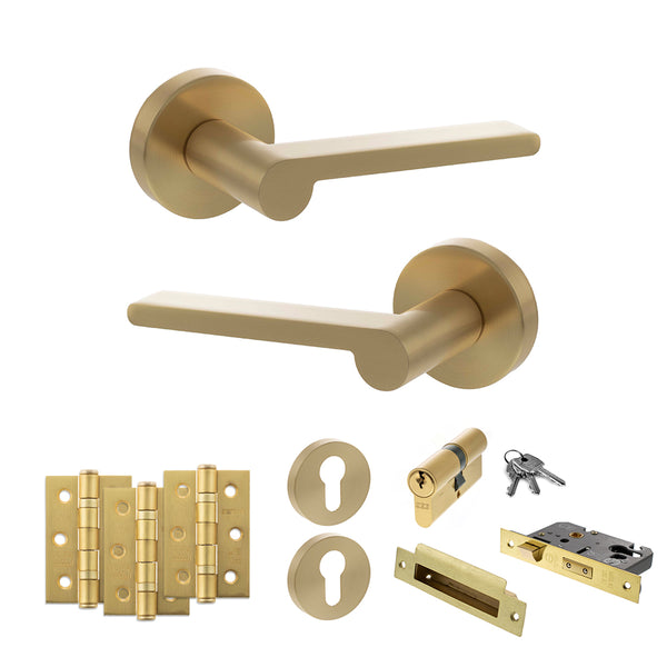 Senza Pari Darrio Door Handle Pack (Euro Lock Set - 2.5" CE Sashlock, 3" Fire Rated Hinges x3) - Satin Brass - ADPSPRO218SB20