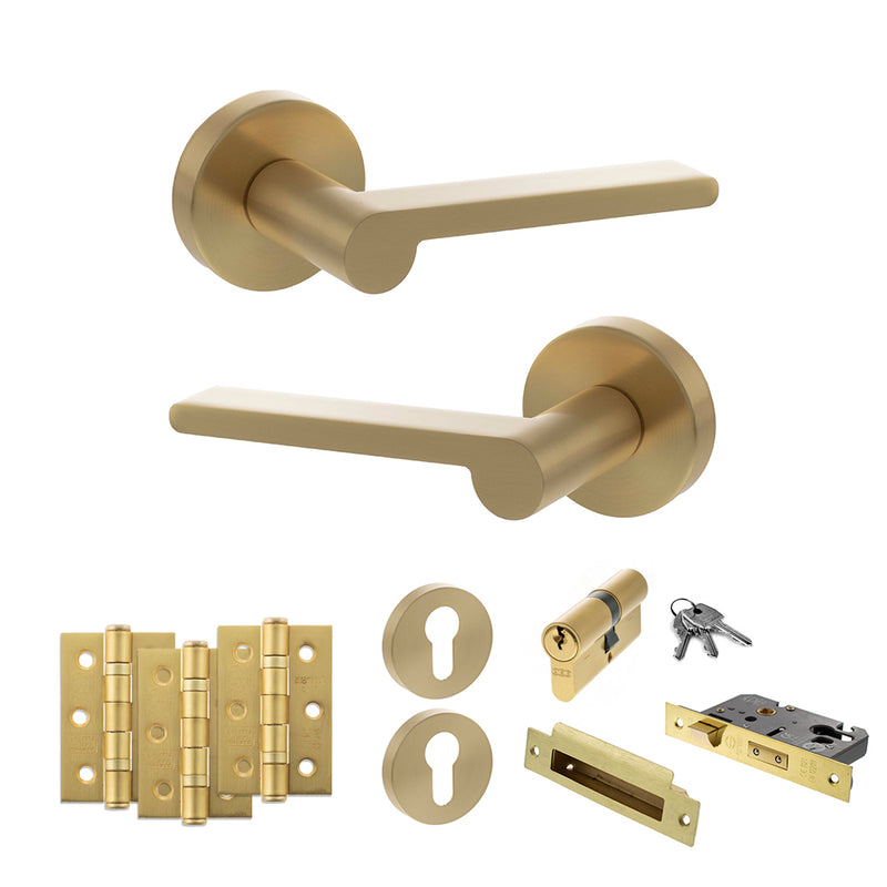 Senza Pari Darrio Door Handle Pack (Euro Lock Set - 3" CE Sashlock, 3" Fire Rated Hinges x3) - Satin Brass - ADPSPRO218SB21
