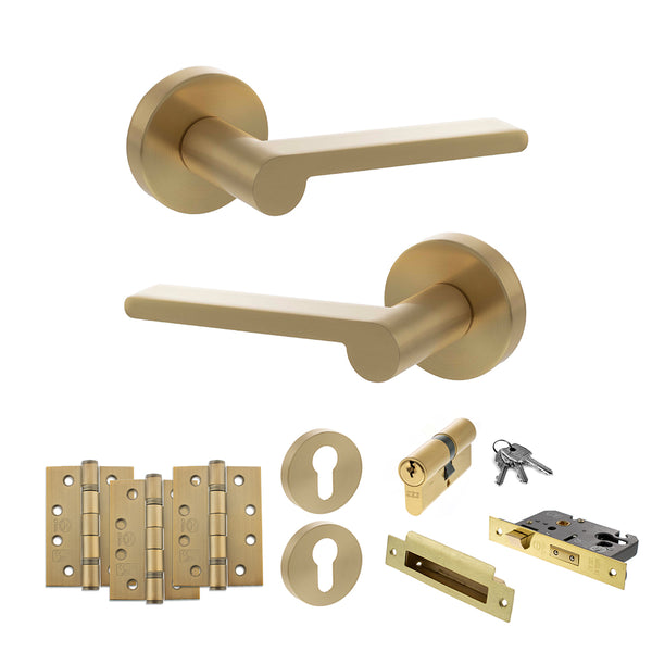 Senza Pari Darrio Door Handle Pack (Euro Lock Set - 3" CE Sashlock, 4" Fire Rated Hinges x3) - Satin Brass - ADPSPRO218SB23