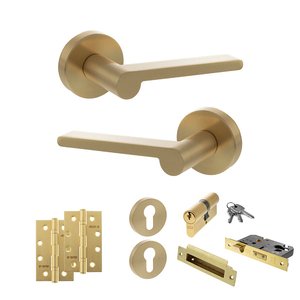 Senza Pari Darrio Door Handle Pack (Euro Lock Set - 2.5" CE Sashlock, 4" Slim Knuckle Hinges x2) - Satin Brass - ADPSPRO218SB24