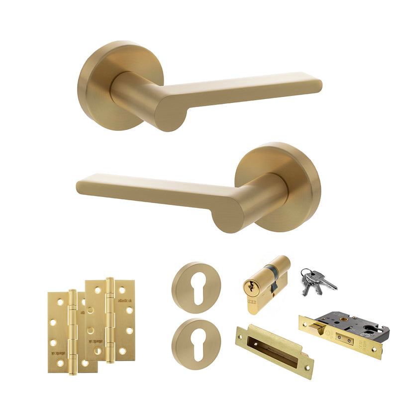 Senza Pari Darrio Door Handle Pack (Euro Lock Set - 2.5" CE Sashlock, 4" Slim Knuckle Hinges x2) - Satin Brass - ADPSPRO218SB24