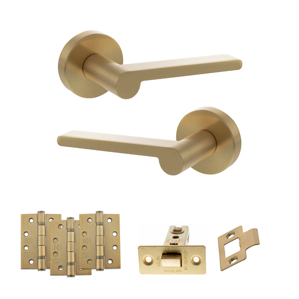 Senza Pari Darrio Door Handle Pack (Latch Set - 3" CE Latch, 4" Fire Rated Hinges x3) - Satin Brass - ADPSPRO218SB4