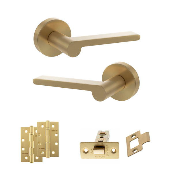Senza Pari Darrio Door Handle Pack (Latch Set - 3" CE Latch, 4" Slim Knuckle Hinges x2) - Satin Brass - ADPSPRO218SB6