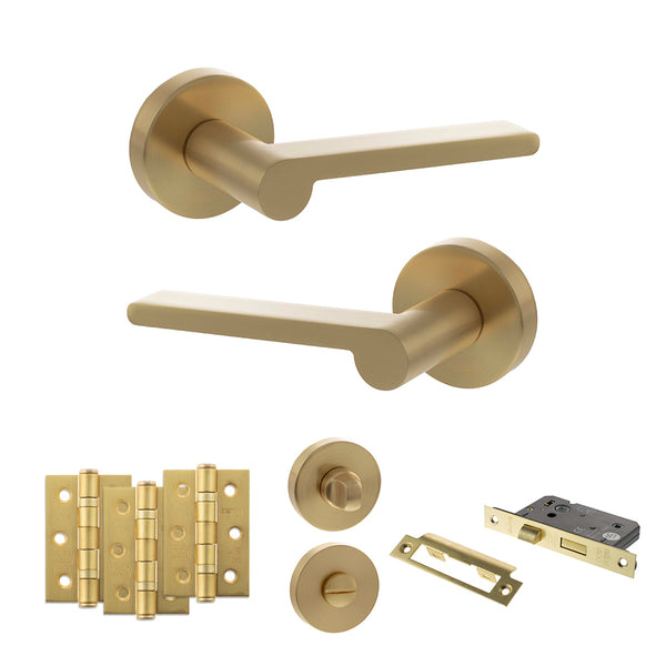 Senza Pari Darrio Door Handle Pack (Bathroom Set - 2.5" CE Bathroom Lock, 3" Fire Rated Hinges x3) - Satin Brass - ADPSPRO218SB8