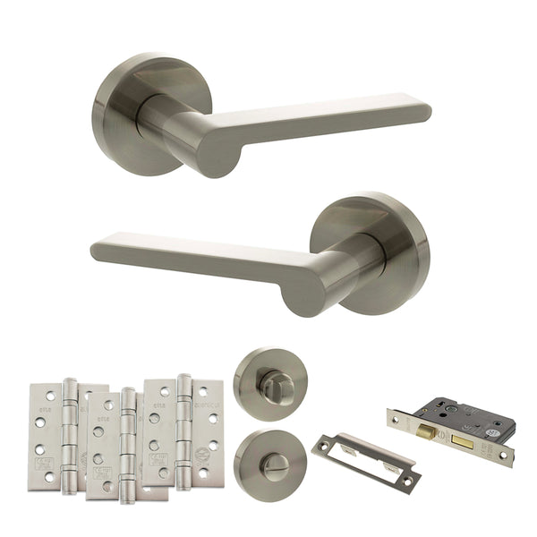 Senza Pari Darrio Door Handle Pack (Bathroom Set - 2.5" CE Bathroom Lock, 4" Fire Rated Hinges x3) - Satin Nickel - ADPSPRO218SN10