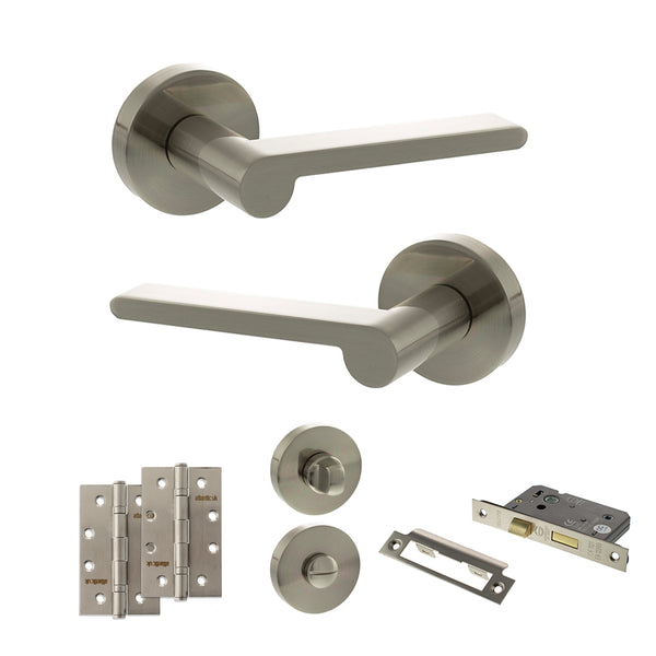 Senza Pari Darrio Door Handle Pack (Bathroom Set - 3" CE Bathroom Lock, 4" Slim Knuckle Hinges x2) - Satin Nickel - ADPSPRO218SN13