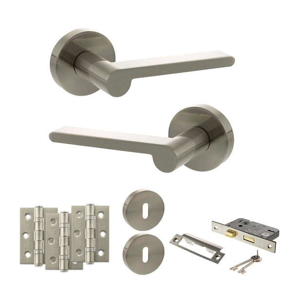 Senza Pari Darrio Door Handle Pack (3 Lever Lock Set - 2.5" CE Sashlock, 3" Fire Rated Hinges x3) - Satin Nickel - ADPSPRO218SN14