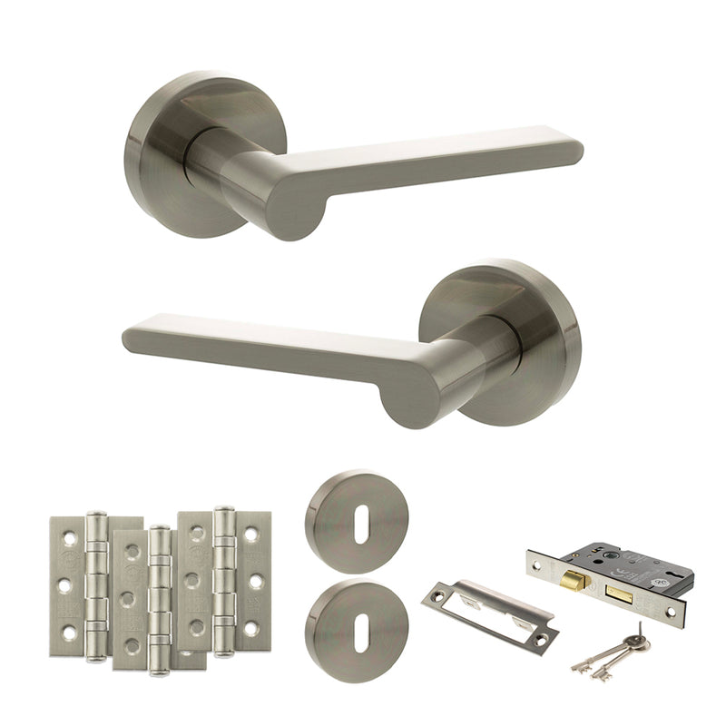 Senza Pari Darrio Door Handle Pack (3 Lever Lock Set - 2.5" CE Sashlock, 3" Fire Rated Hinges x3) - Satin Nickel - ADPSPRO218SN14