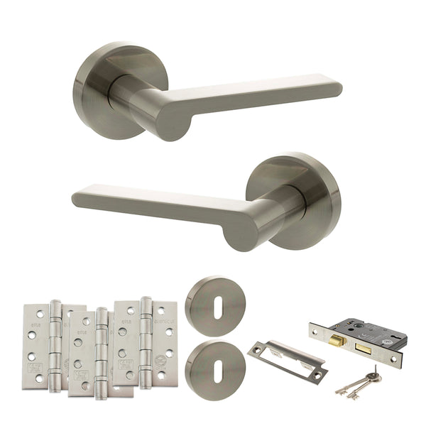 Senza Pari Darrio Door Handle Pack (3 Lever Lock Set - 3" CE Sashlock, 4" Fire Rated Hinges x3) - Satin Nickel - ADPSPRO218SN17