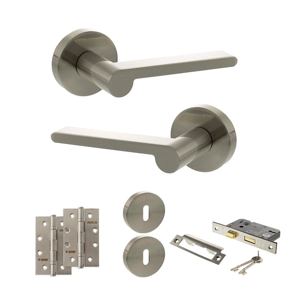 Senza Pari Darrio Door Handle Pack (3 Lever Lock Set - 2.5" CE Sashlock, 4" Slim Knuckle Hinges x2) - Satin Nickel - ADPSPRO218SN18