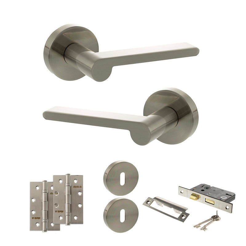 Senza Pari Darrio Door Handle Pack (3 Lever Lock Set - 2.5" CE Sashlock, 4" Slim Knuckle Hinges x2) - Satin Nickel - ADPSPRO218SN18