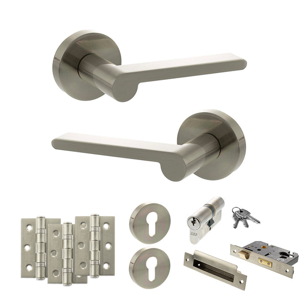 Senza Pari Darrio Door Handle Pack (Euro Lock Set - 2.5" CE Sashlock, 3" Fire Rated Hinges x3) - Satin Nickel - ADPSPRO218SN20