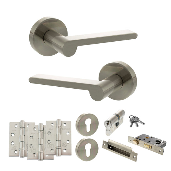 Senza Pari Darrio Door Handle Pack (Euro Lock Set - 3" CE Sashlock, 4" Fire Rated Hinges x3) - Satin Nickel - ADPSPRO218SN23