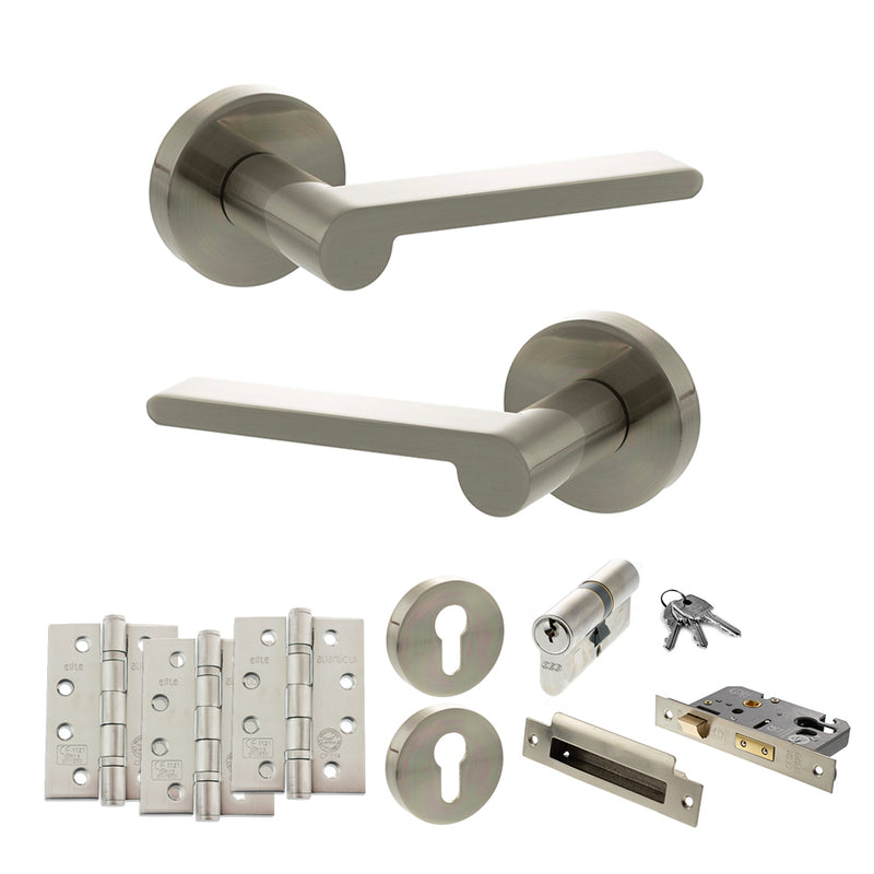 Senza Pari Darrio Door Handle Pack (Euro Lock Set - 3" CE Sashlock, 4" Fire Rated Hinges x3) - Satin Nickel - ADPSPRO218SN23