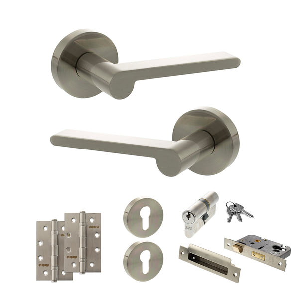 Senza Pari Darrio Door Handle Pack (Euro Lock Set - 2.5" CE Sashlock, 4" Slim Knuckle Hinges x2) - Satin Nickel - ADPSPRO218SN24