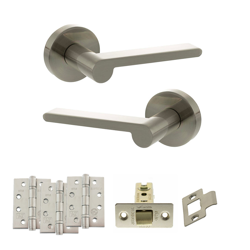 Senza Pari Darrio Door Handle Pack (Latch Set - 3" CE Latch, 4" Fire Rated Hinges x3) - Satin Nickel - ADPSPRO218SN4