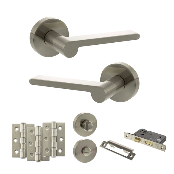 Senza Pari Darrio Door Handle Pack (Bathroom Set - 2.5" CE Bathroom Lock, 3" Fire Rated Hinges x3) - Satin Nickel - ADPSPRO218SN8