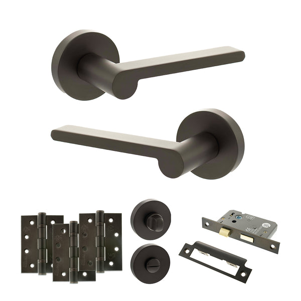 Senza Pari Darrio Door Handle Pack (Bathroom Set - 2.5" CE Bathroom Lock, 4" Fire Rated Hinges x3) - Urban Dark Bronze - ADPSPRO218UDB10
