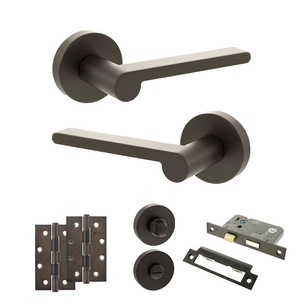 Senza Pari Darrio Door Handle Pack (Bathroom Set - 3" CE Bathroom Lock, 4" Slim Knuckle Hinges x2) - Urban Dark Bronze - ADPSPRO218UDB13