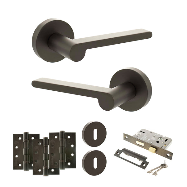 Senza Pari Darrio Door Handle Pack (3 Lever Lock Set - 2.5" CE Sashlock, 4" Fire Rated Hinges x3) - Urban Dark Bronze - ADPSPRO218UDB16