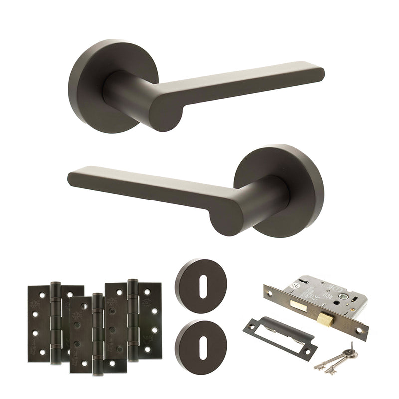 Senza Pari Darrio Door Handle Pack (3 Lever Lock Set - 2.5" CE Sashlock, 4" Fire Rated Hinges x3) - Urban Dark Bronze - ADPSPRO218UDB16