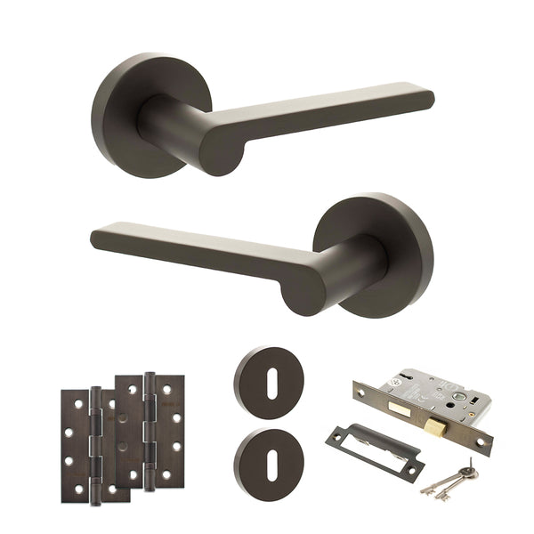 Senza Pari Darrio Door Handle Pack (3 Lever Lock Set - 2.5" CE Sashlock, 4" Slim Knuckle Hinges x2) - Urban Dark Bronze - ADPSPRO218UDB18
