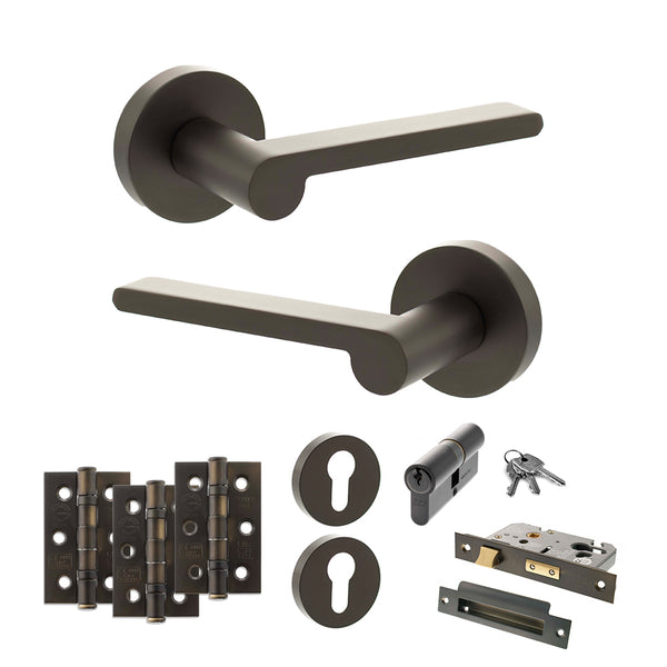 Senza Pari Darrio Door Handle Pack (Euro Lock Set - 2.5" CE Sashlock, 3" Fire Rated Hinges x3) - Urban Dark Bronze - ADPSPRO218UDB20